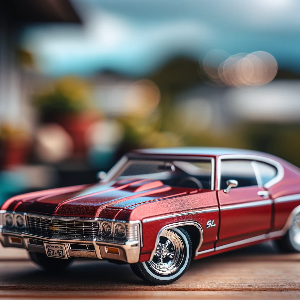 the generated image for: A close-up photography of a classic car toy model, specifically a 1970 Chevrolet Impala Coupe, on a wooden surface. The car is depicted with a glossy red paint, chrome detailing, and realistic styling. White-walled tires and silver hubcaps are visible, with clear windows and an intricate grille. The background is outdoor with a blurred bokeh effect featuring greenery, structures, and a blue sky. The image has a shallow depth of field, sharply focusing on the car while the background is out of focus.