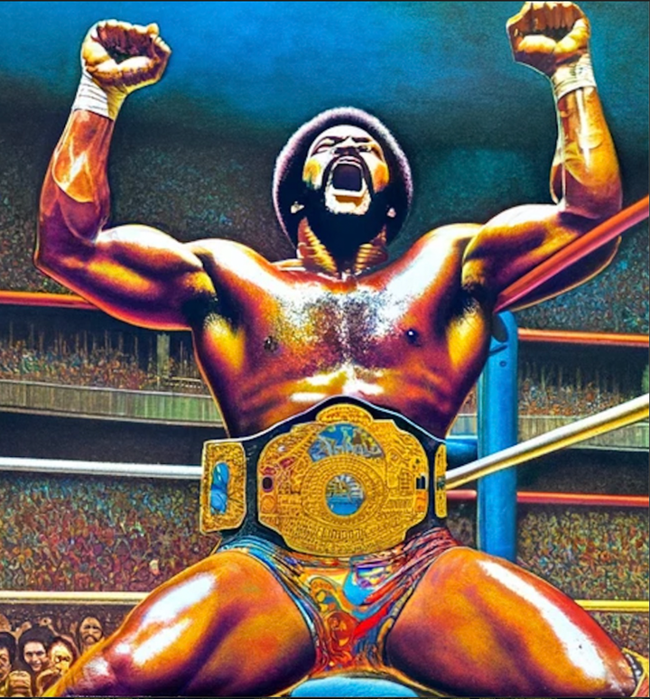 a 1970s era illustration of "Harlem Hurricane" James Washington in the wrestling ring with his hands in the air